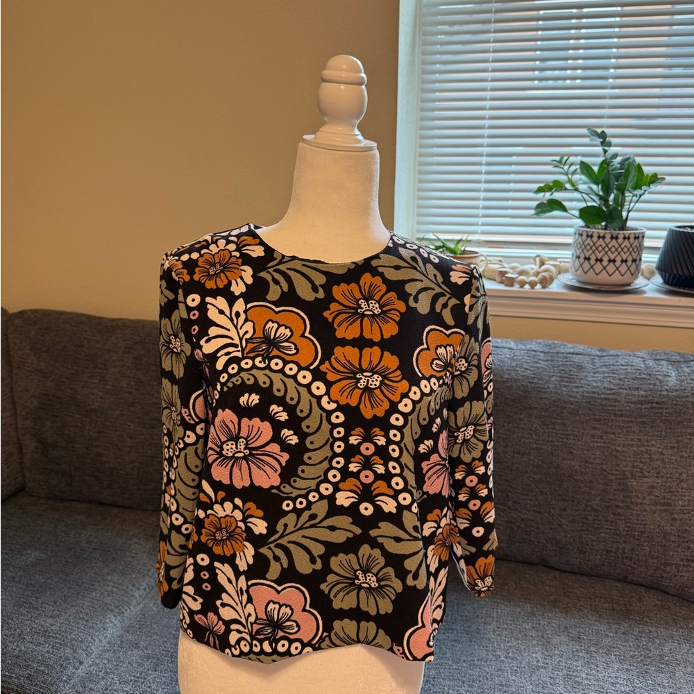 Divided Floral Blouse - Black, Pink, Green, Orange